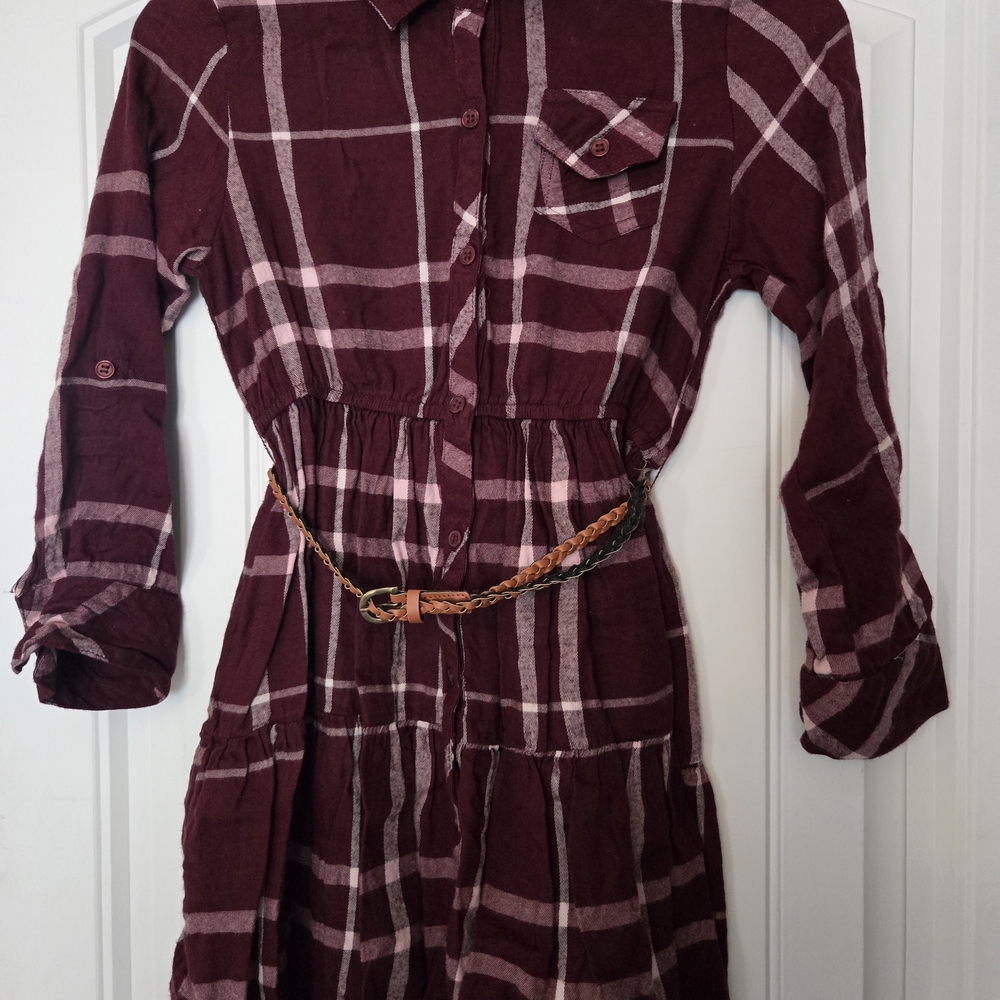 Love Squared Burgundy Plaid Long Sleeve Dress